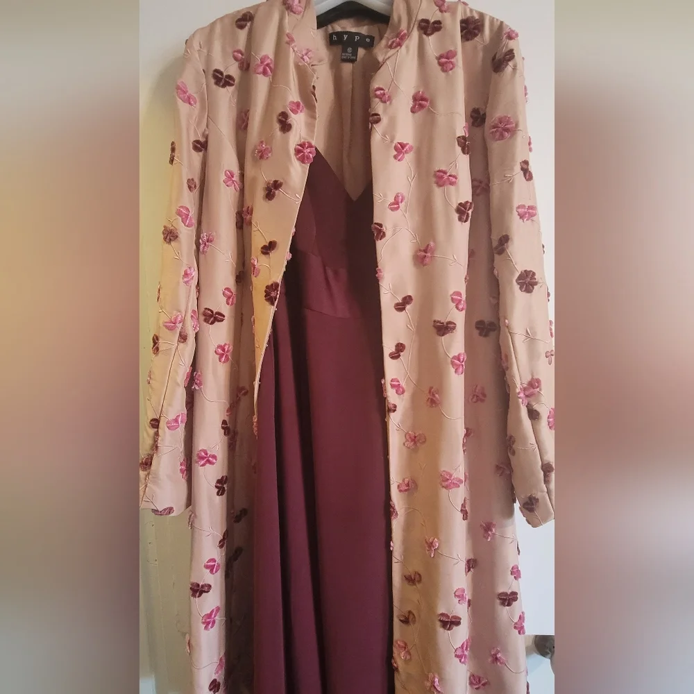 HYPE Vintage Silk Embroidered Dress Coat, Mauve/Wine/Pink, Size Large - Picture 2 of 15